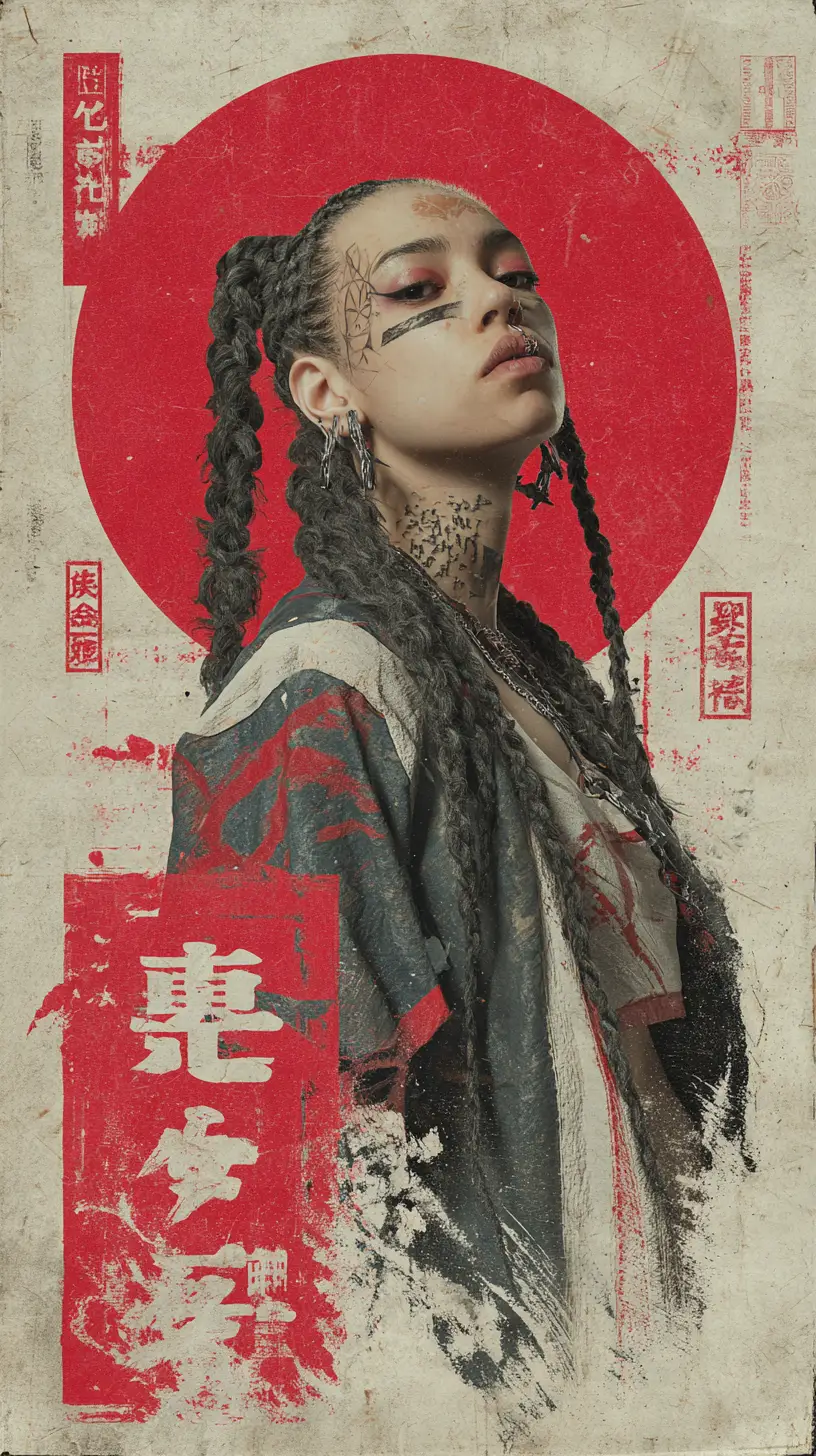 Ukiyo e style girl with braids before red rising sun