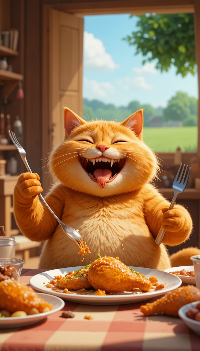 Gato laranja gordinho comendo frango frito em uma mesa ensolarada
