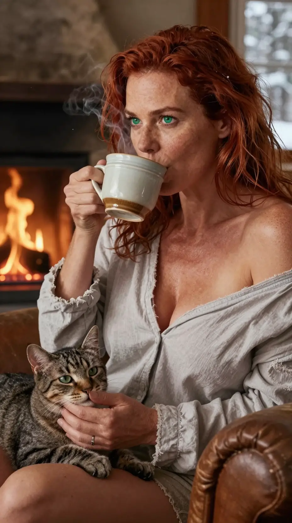Mujer pecosa tomando café junto al fuego con gato atigrado