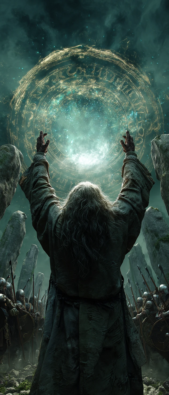 Antigo druida conjurando magia em um círculo de pedra brilhante