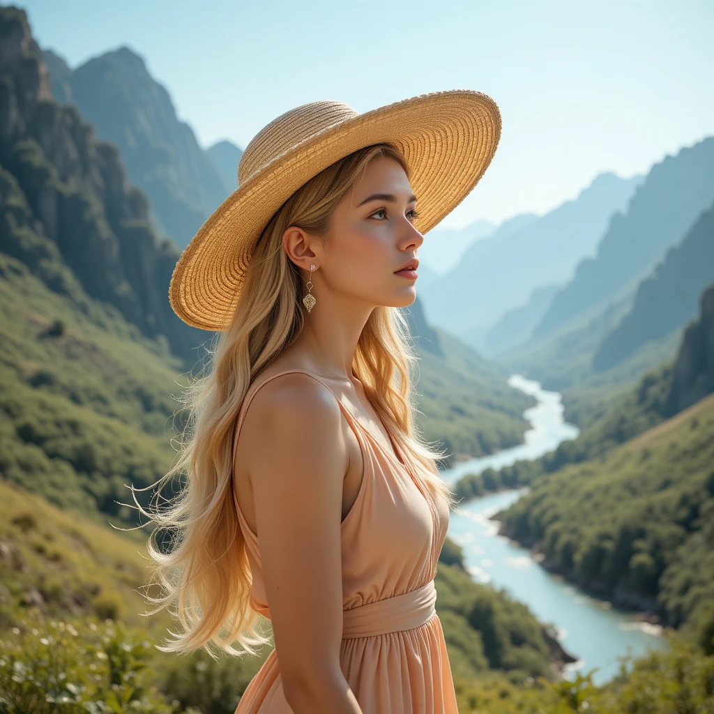 Young woman in straw hat gazing over mountain valley