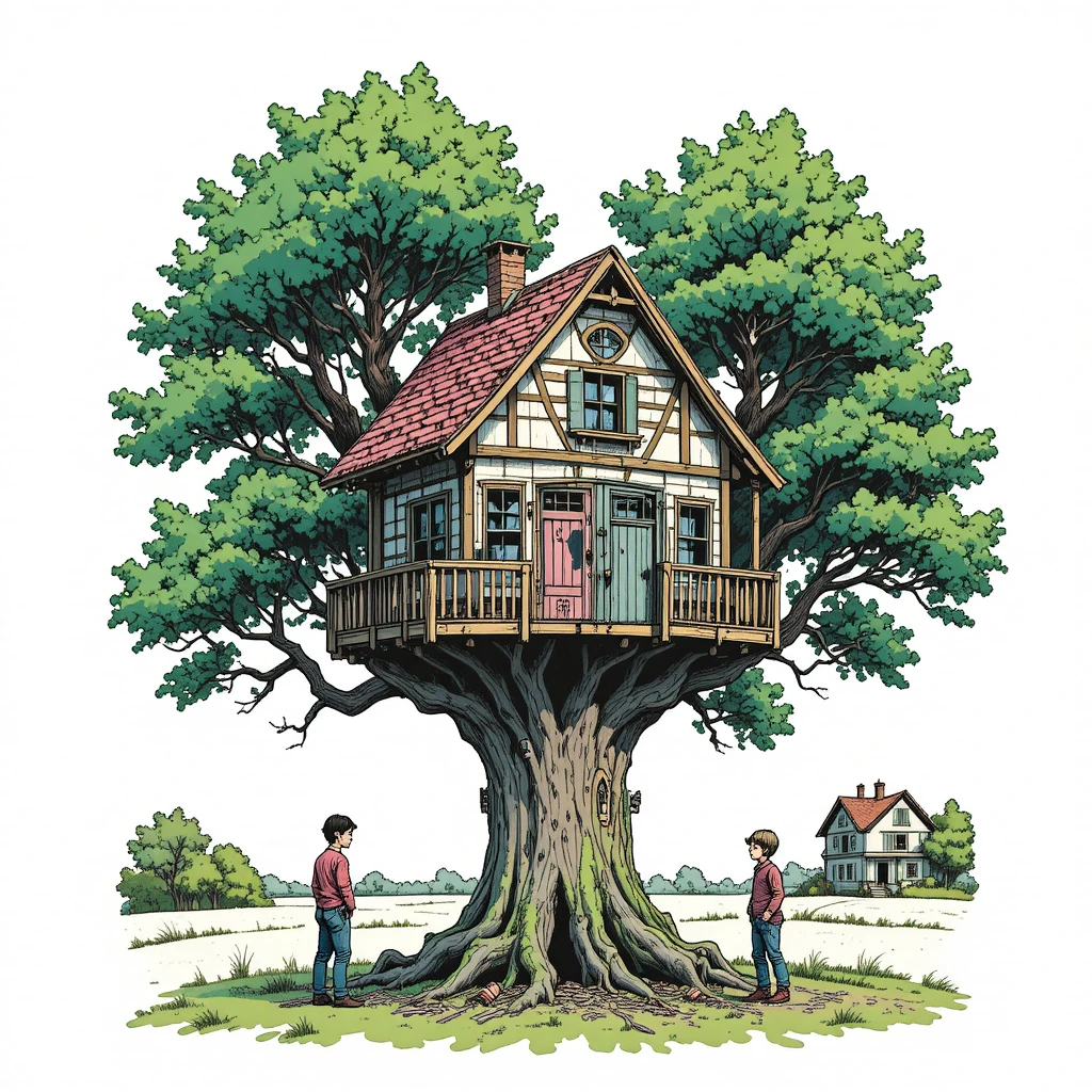 Man and children building a treehouse in a chestnut tree