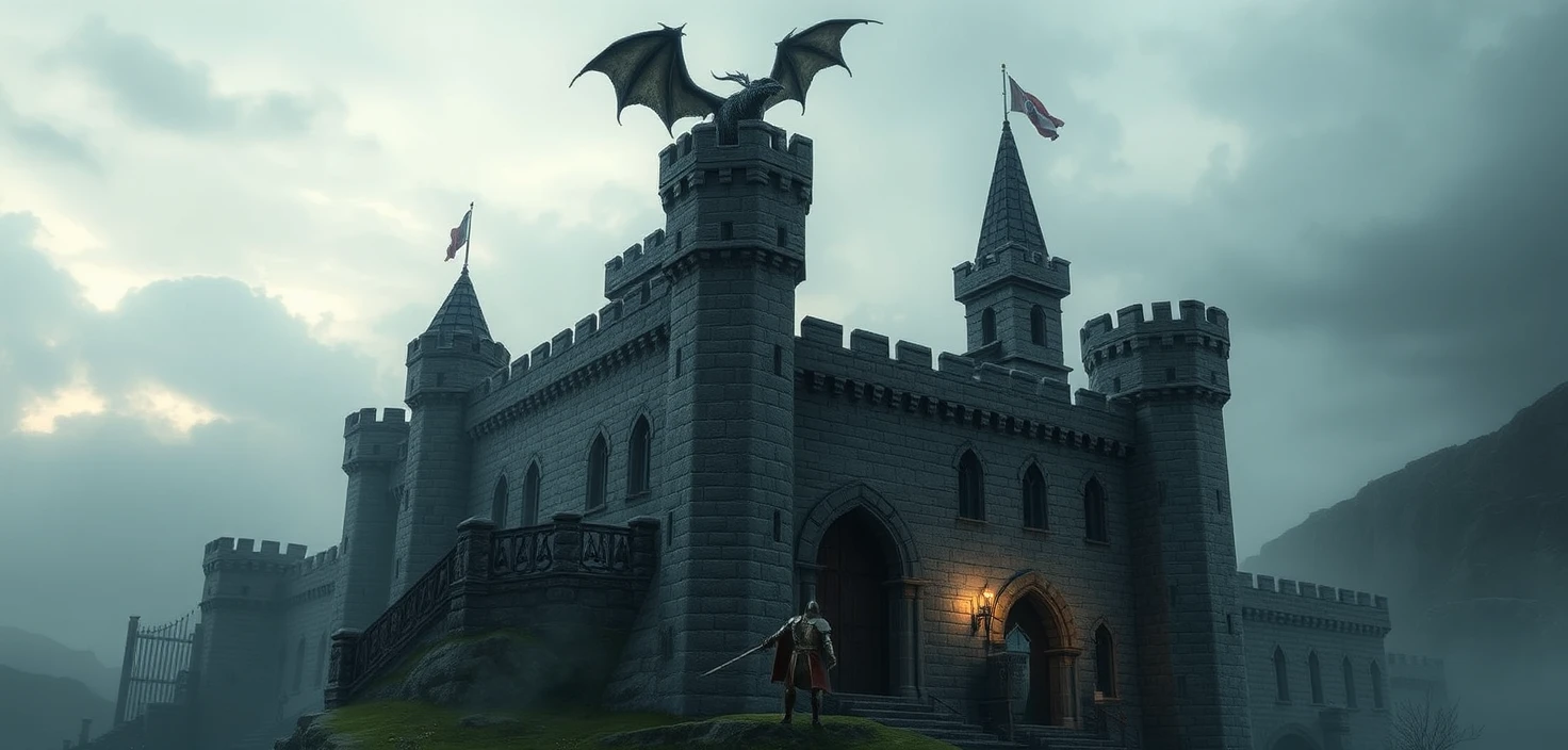 Fortaleza medieval com dragão sobre uma paisagem enevoada