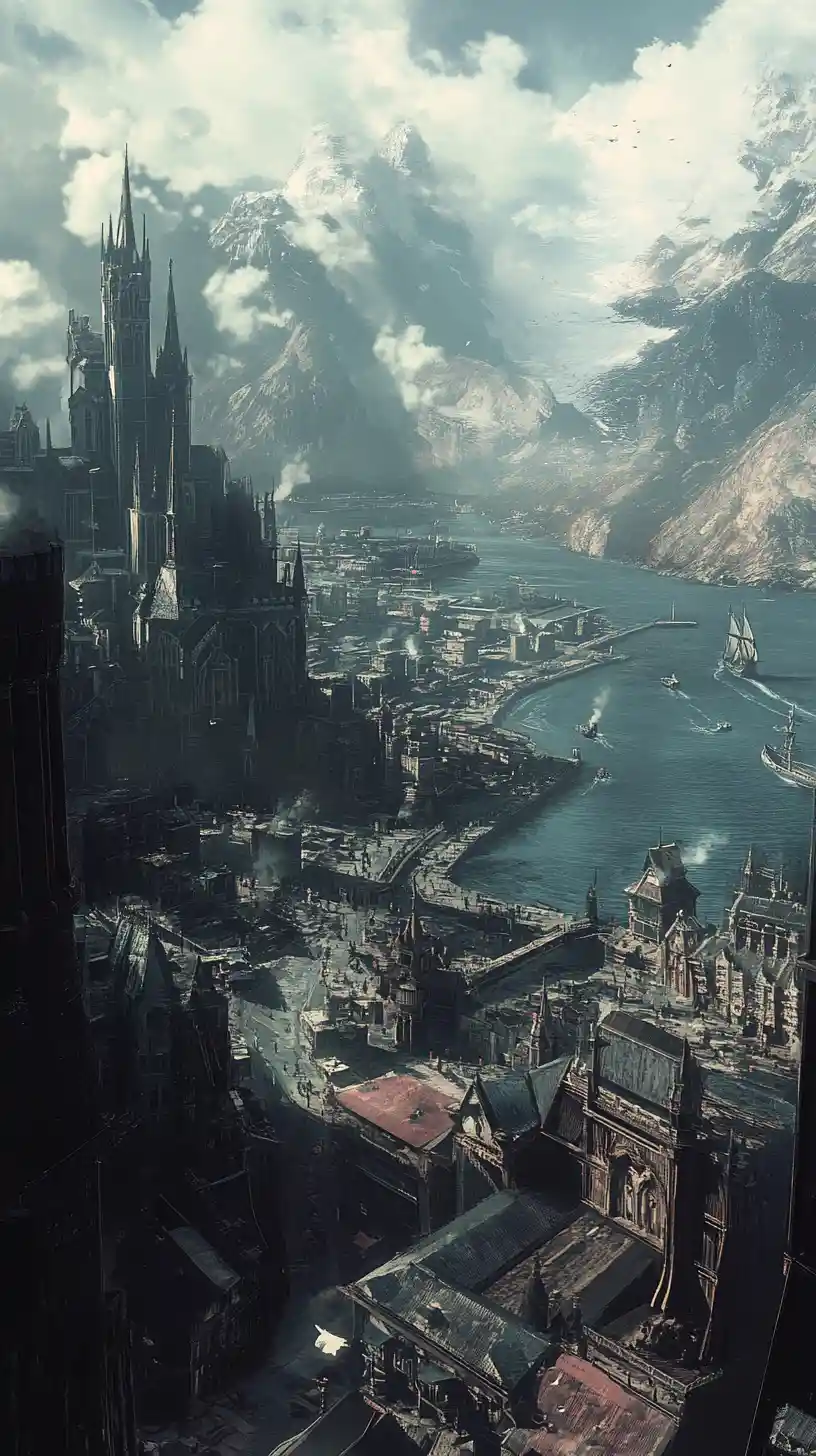 Dark industrial fantasy city in a vast mountain valley