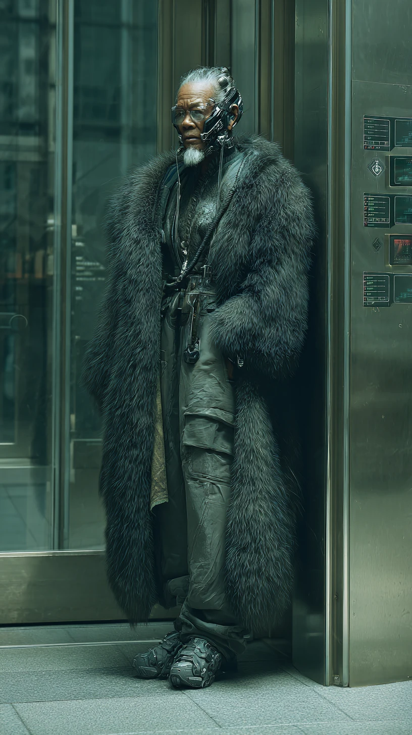 Cybernetic elderly woman warlord on futuristic Hong Kong street