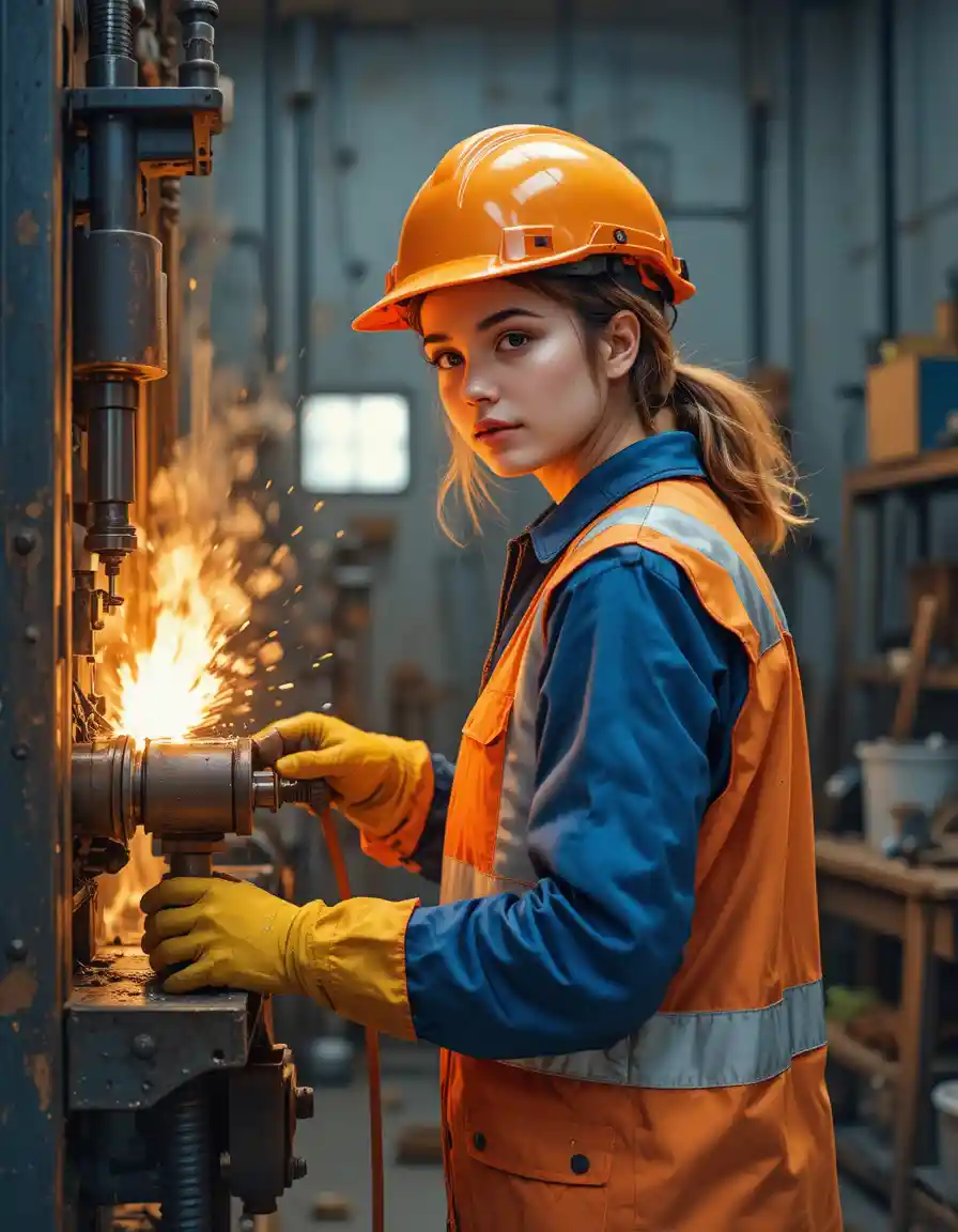 Weibliche Industriearbeiterin bedient Maschine in warmem Werkstattumfeld