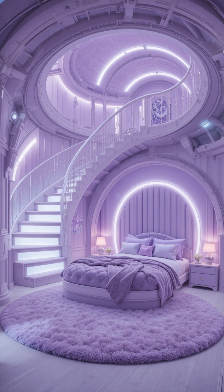 Camera da letto futuristica loft color lavanda con LED luminosi