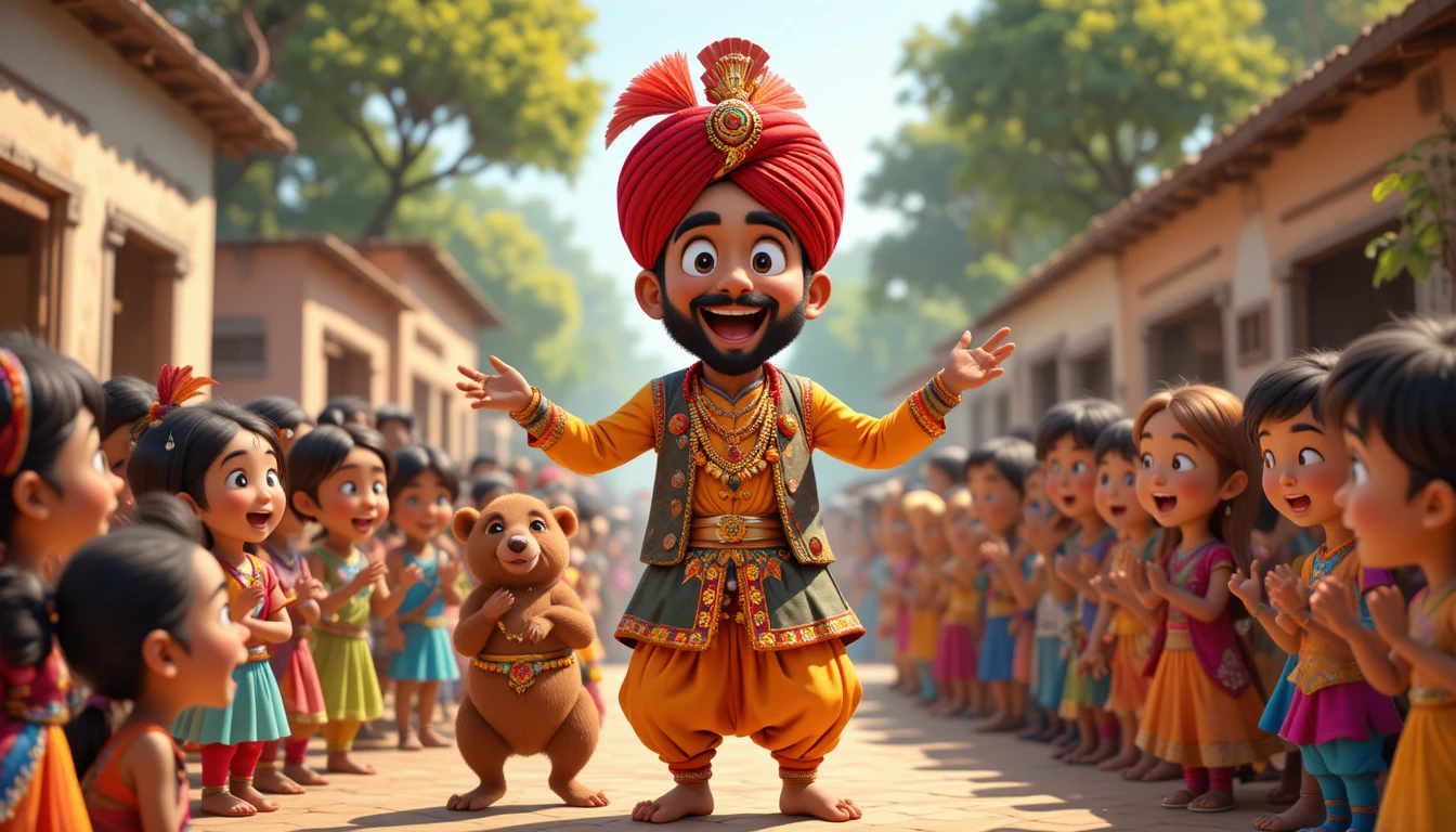 Cartoon bear dancing with street performer in village crowd