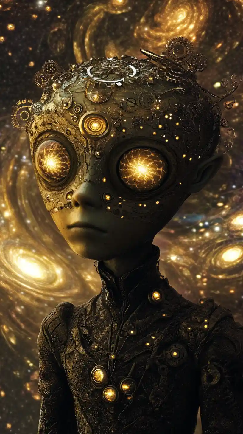 Humanoide steampunk grotesco em uma tempestade cósmica brilhante