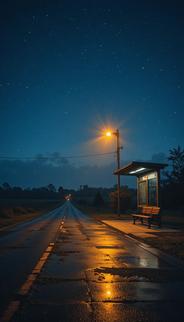 Ponto de ônibus solitário à noite sob um poste de luz brilhante
