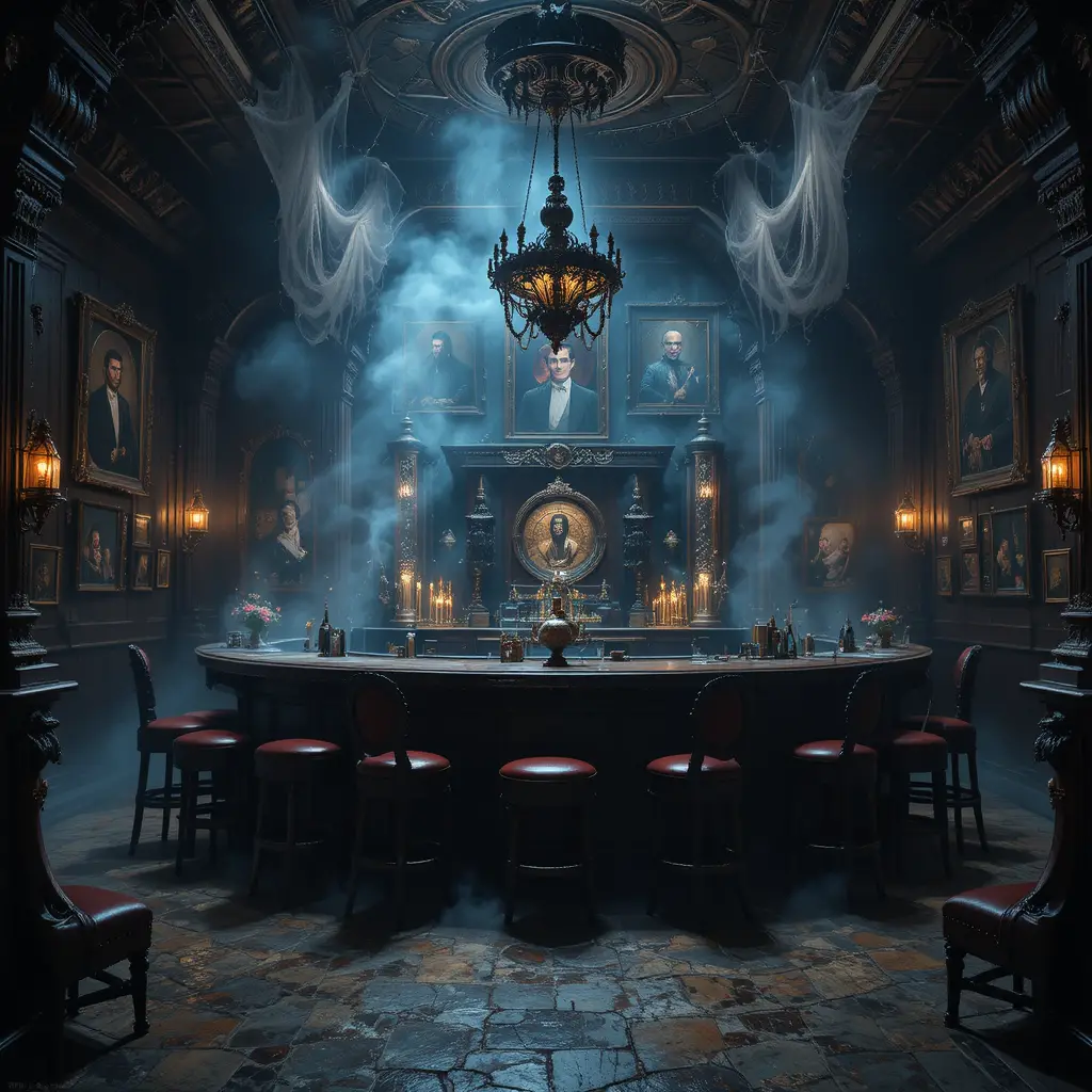 Bar in oscuro covo da villain con décor gotico e fumo