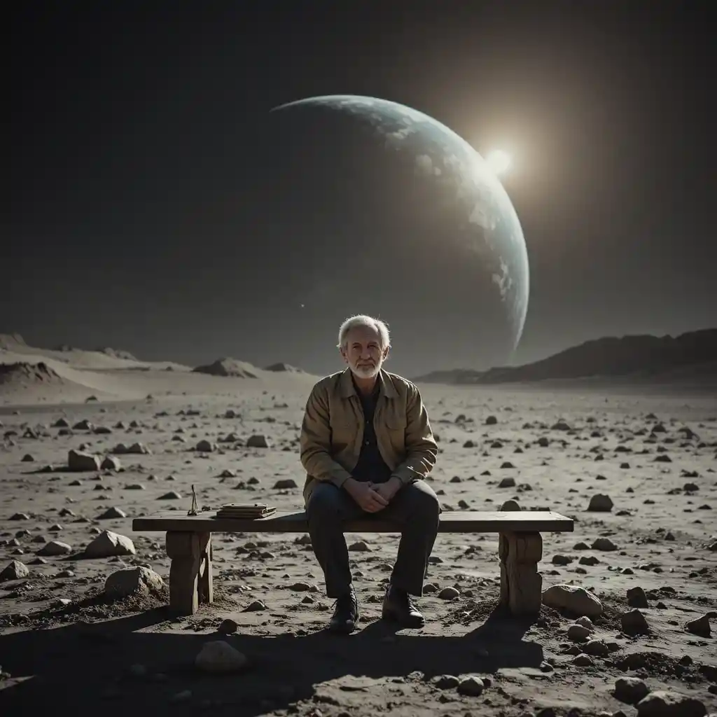 Homme âgé sur un banc dans un paisible paysage lunaire