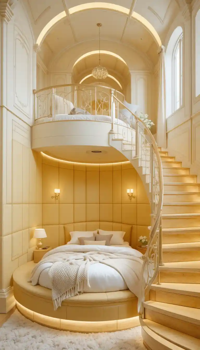 Bright luxury duplex bedroom with circular bed nook