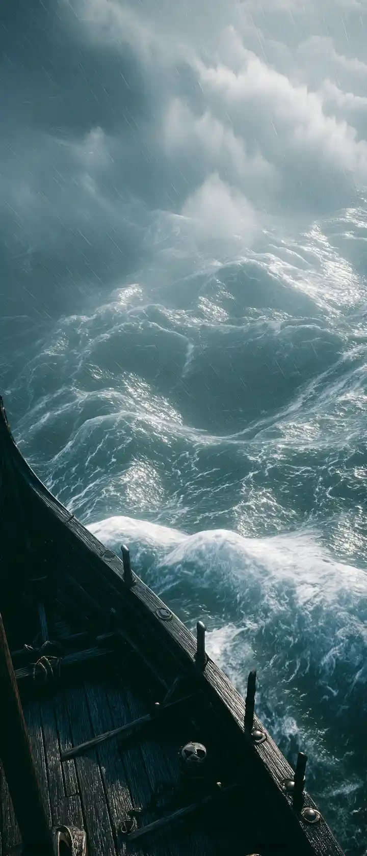 Mar tormentoso visto desde la proa de un viejo barco vikingo