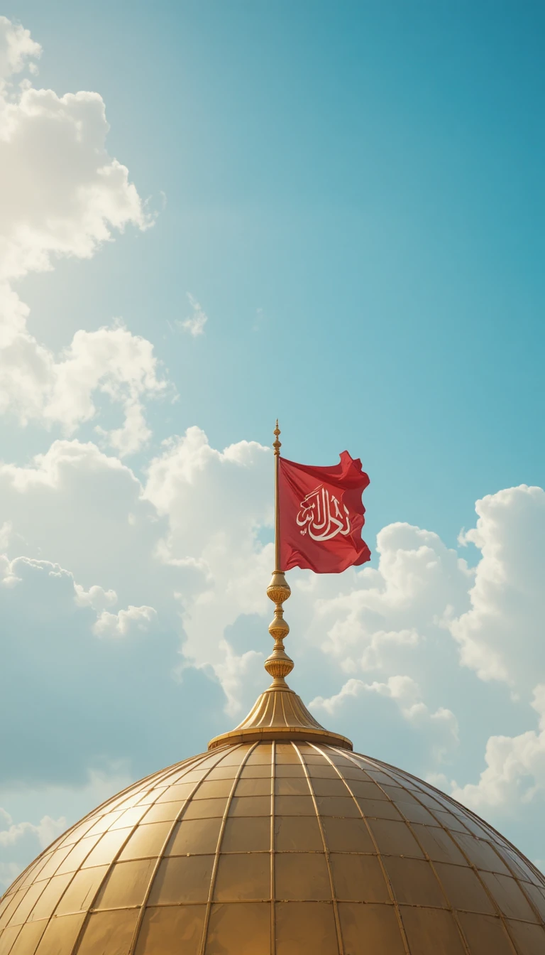 Cúpula dourada de mesquita com bandeira vermelha sob o céu azul