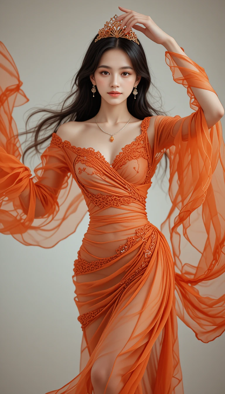 Elegant woman dancing with flowing sheer orange fabric