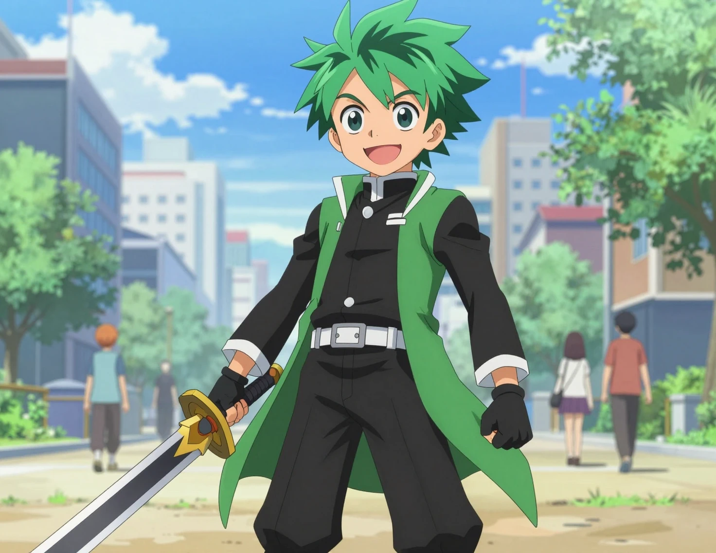 Garçon héros d'anime avec une épée dans une rue ensoleillée de la ville