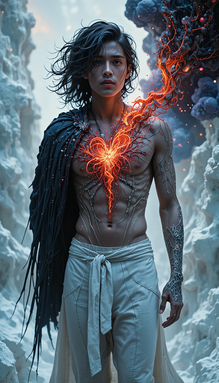 Fantasy man with glowing beads in cosmic neon light