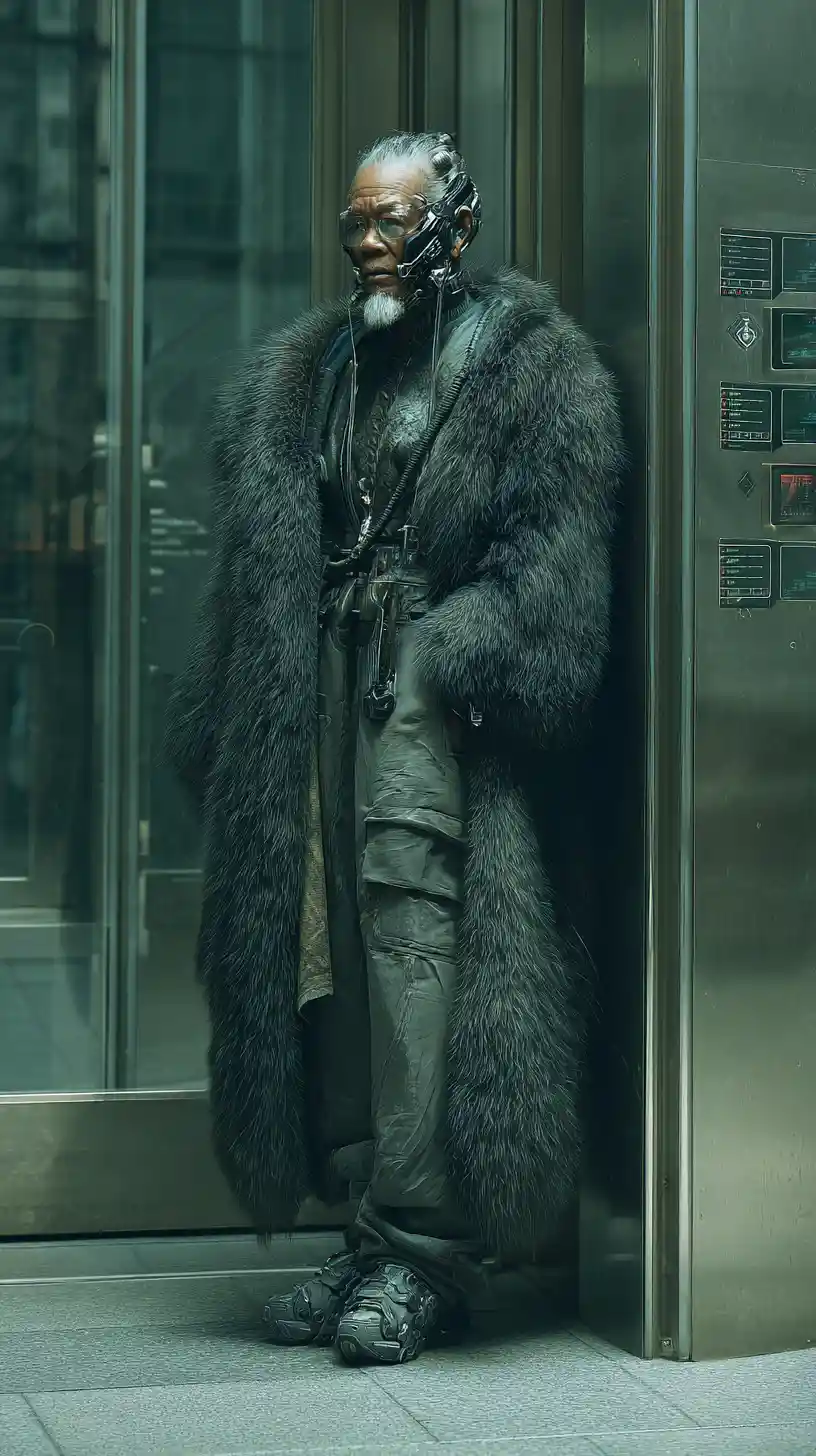 Cybernetic elderly woman warlord on futuristic Hong Kong street