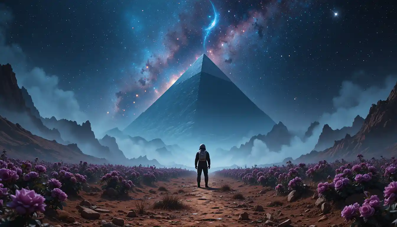 Astronaut Facing Ancient Pyramid On Alien Night Landscape