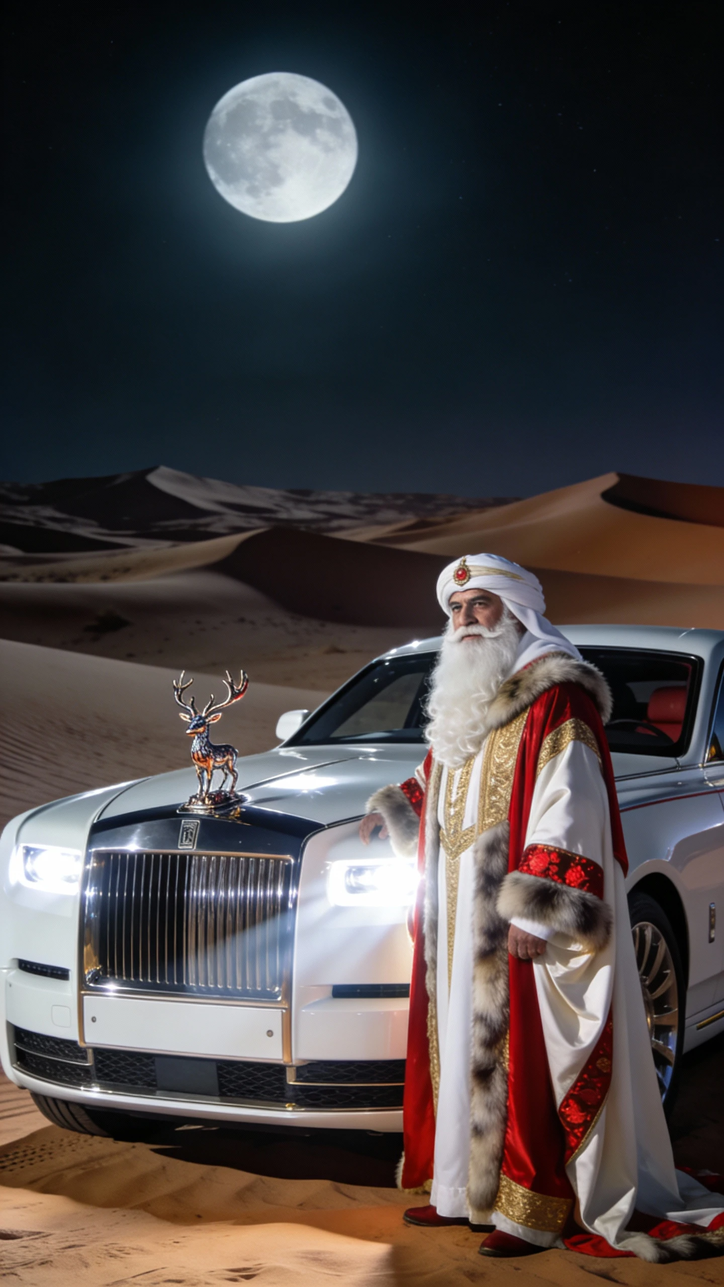 Arabian Santa beside luxury car on moonlit desert dunes