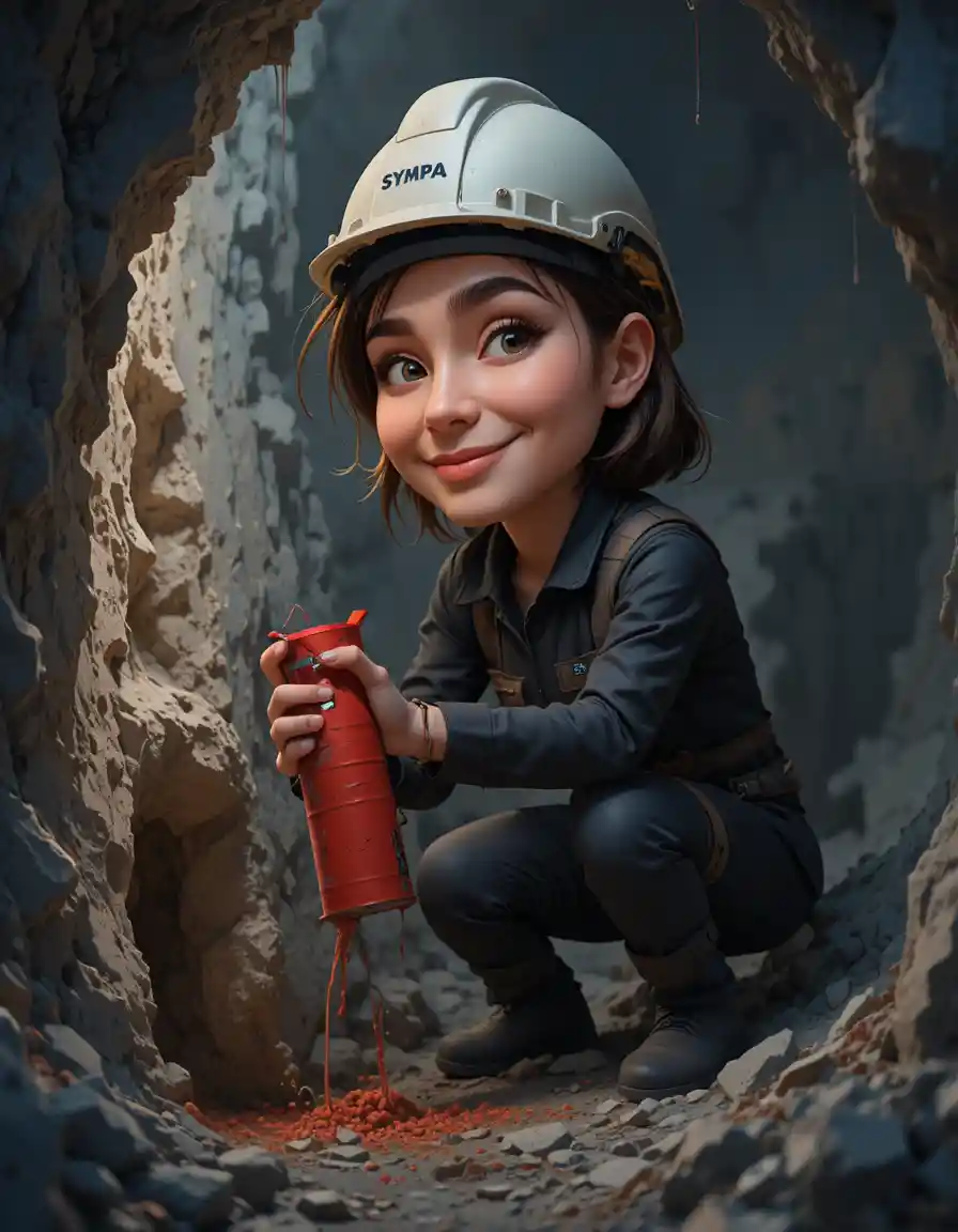 Miner placing red dynamite in a rocky gray wall
