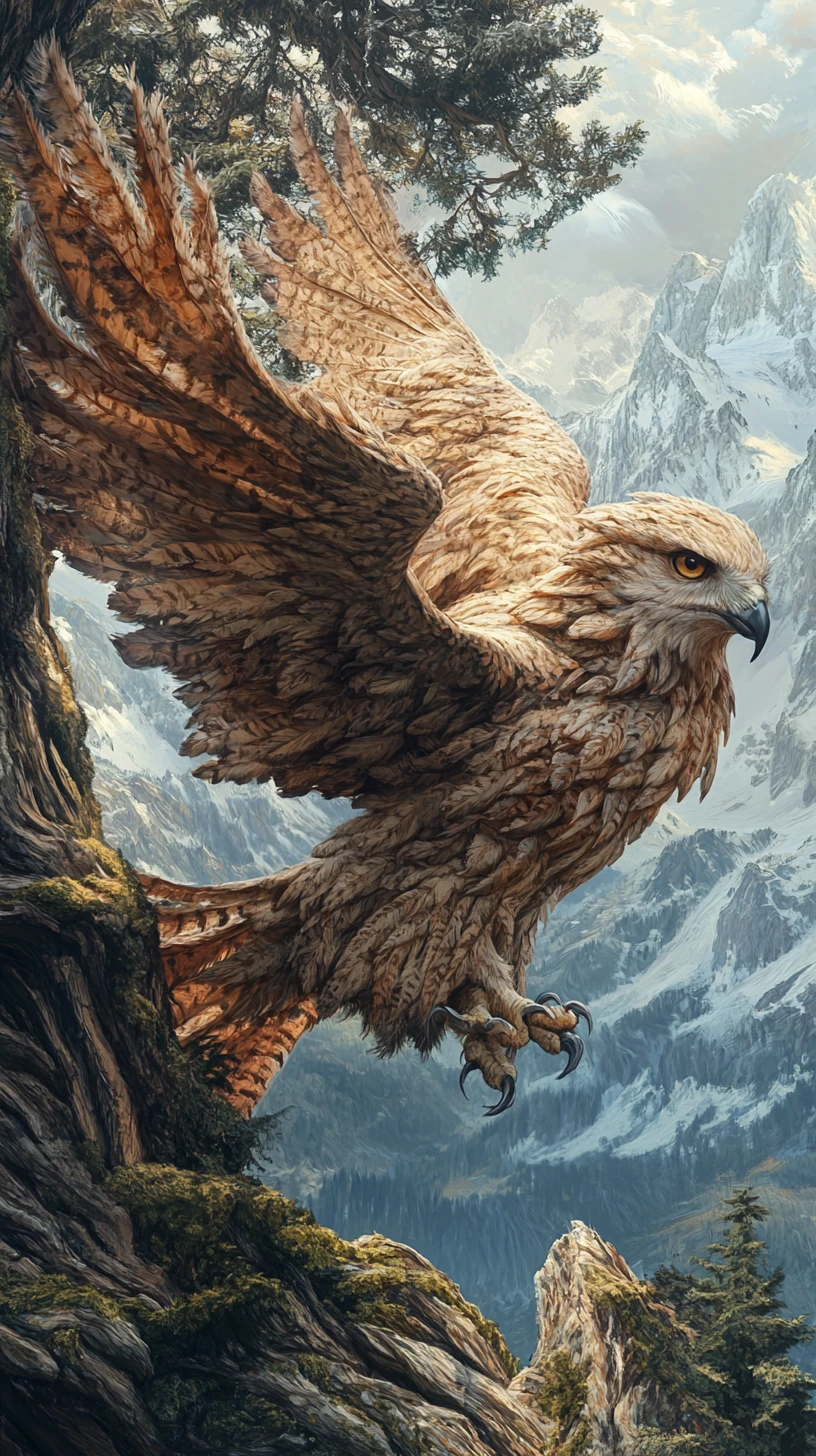 Uccello mitico che emerge da un albero antico davanti a vette innevate
