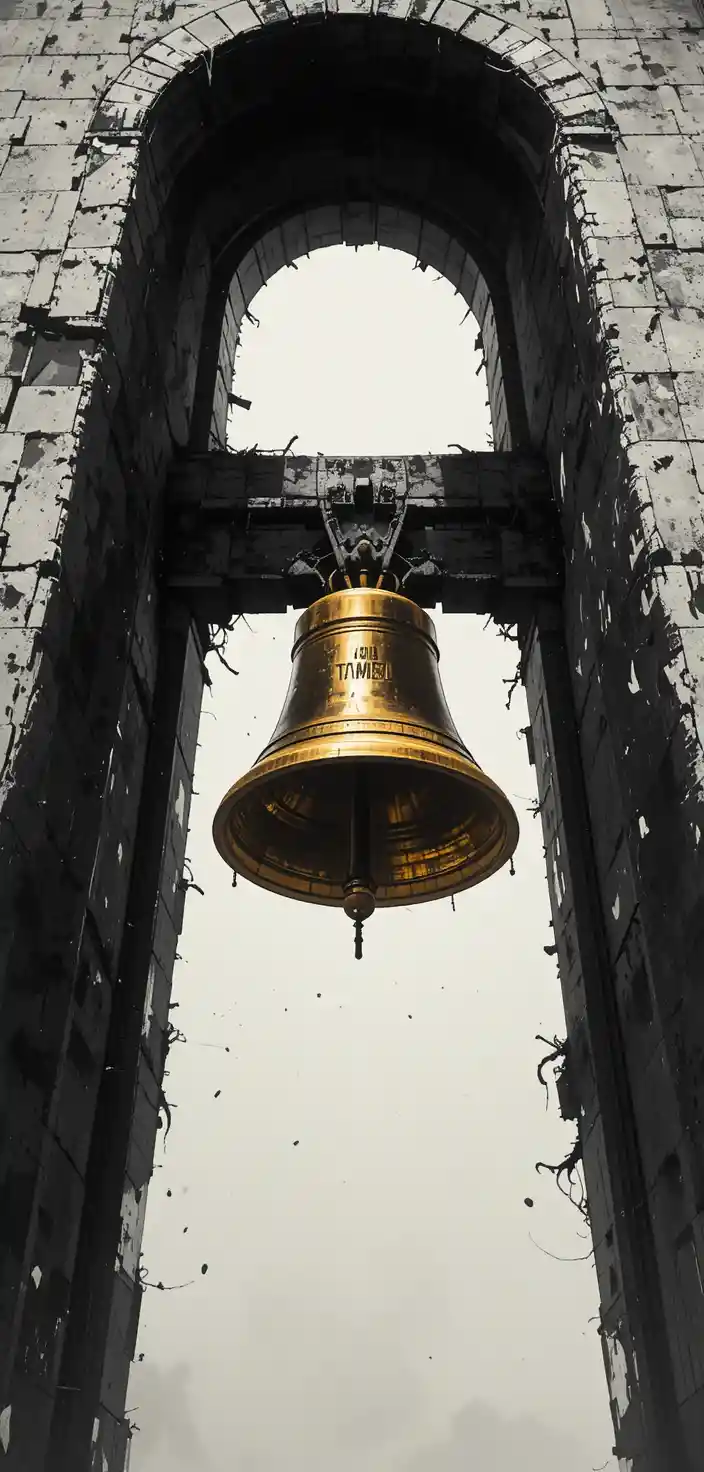 Campana dorata appesa in un antico campanile in pietra aperto