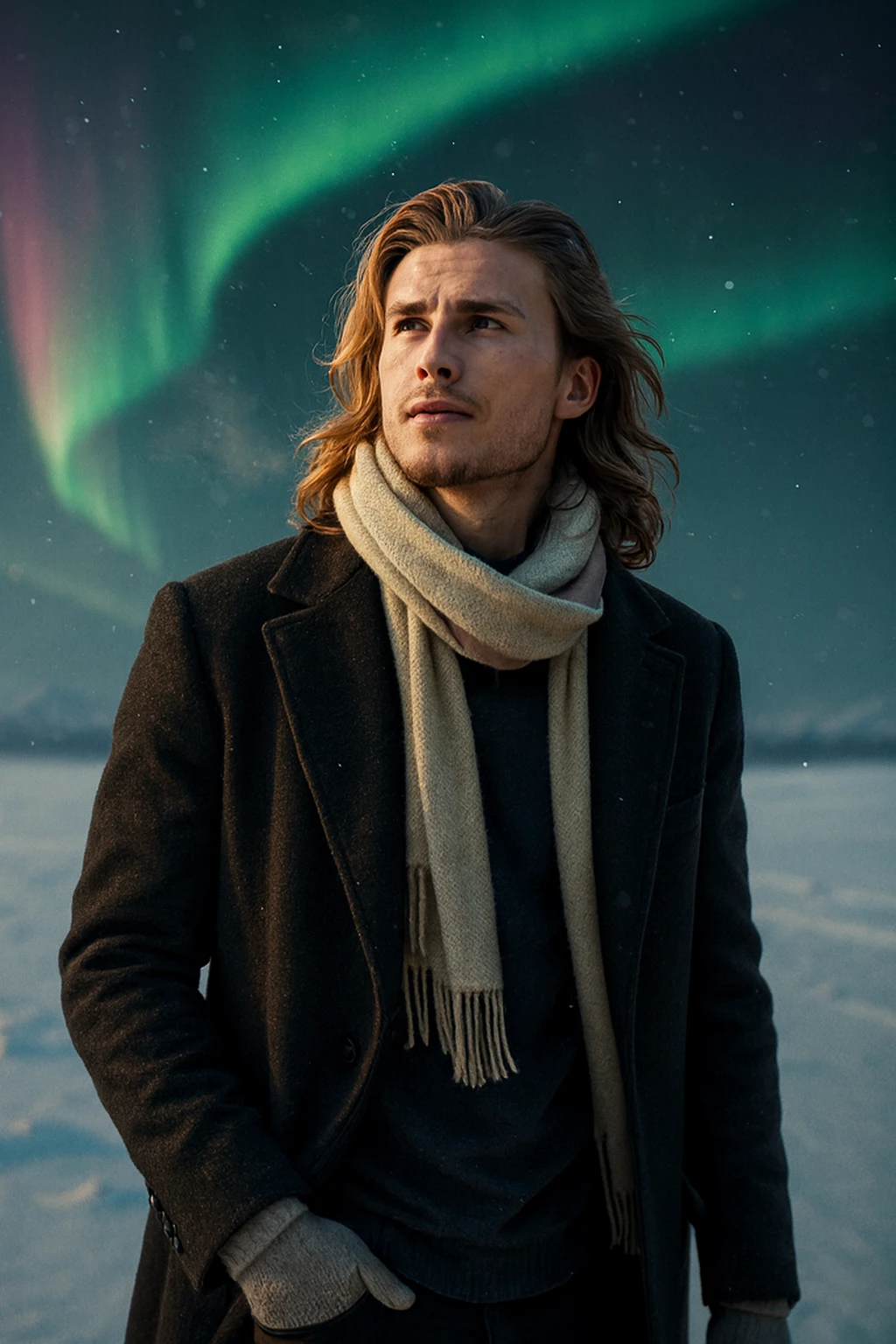 Portrait d’hiver cinématographique d’une femme dans un paysage enneigé