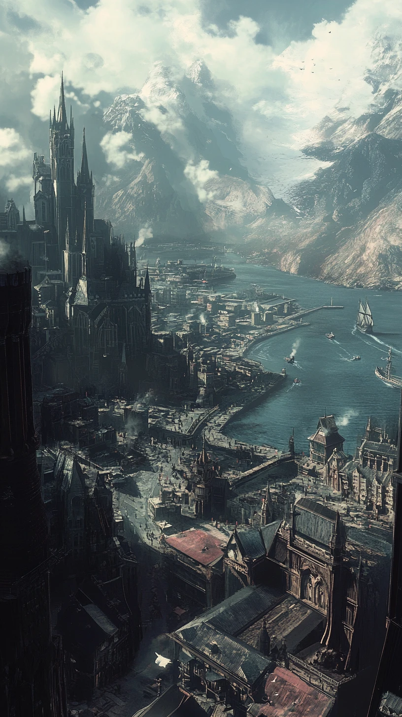 Dark industrial fantasy city in a vast mountain valley