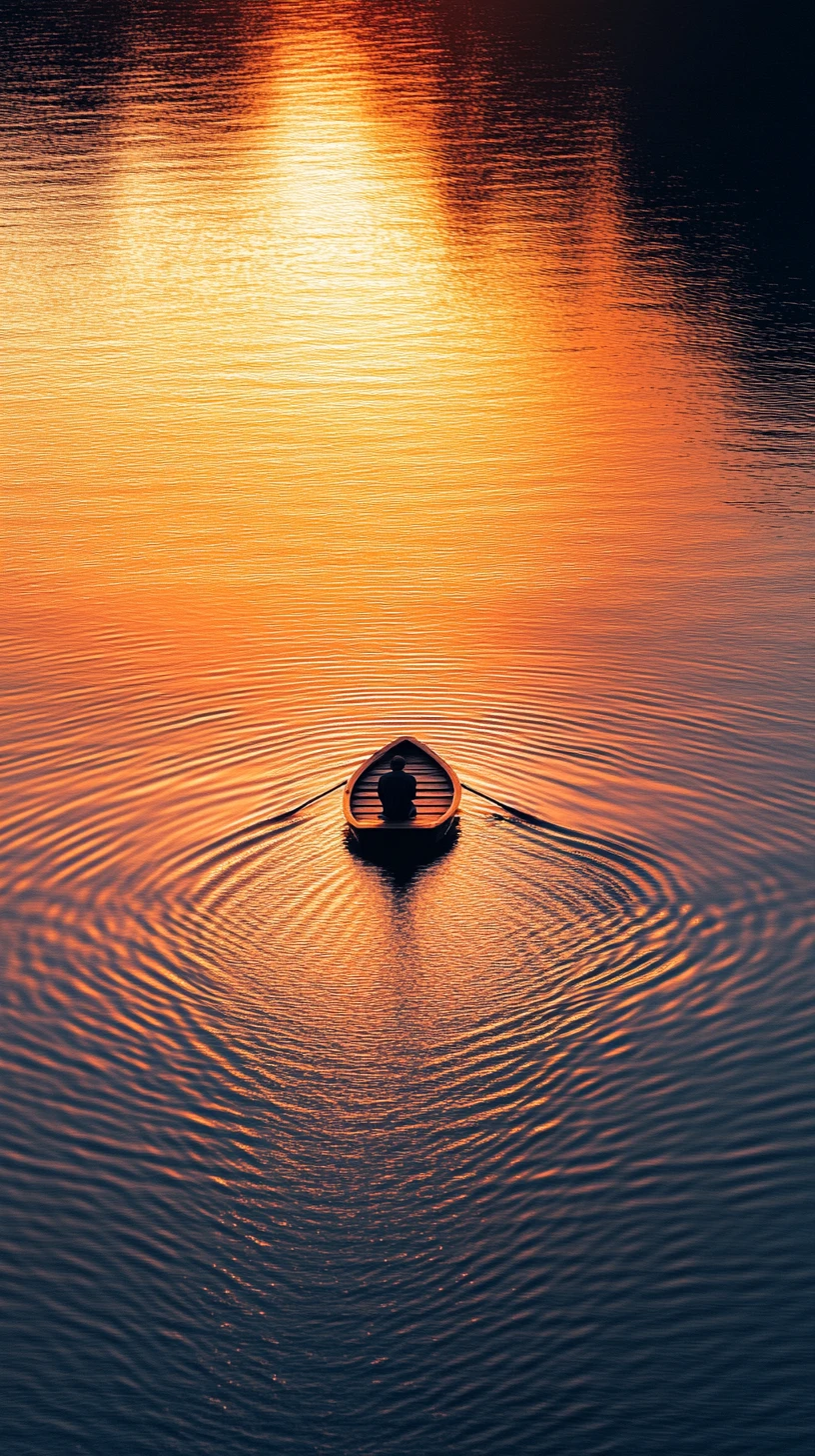 Bateau solitaire traversant un lac calme au coucher de soleil doré