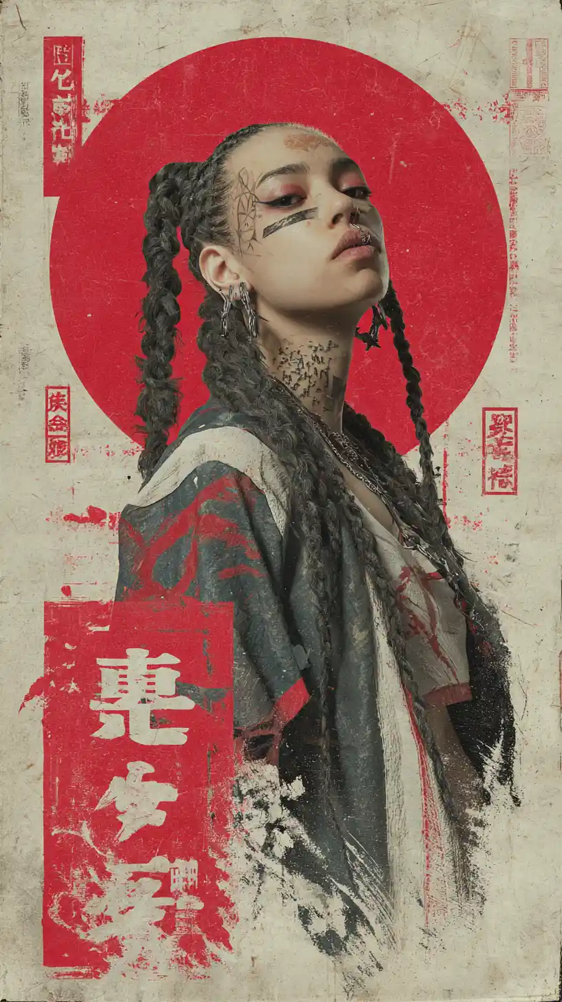 Ukiyo e style girl with braids before red rising sun