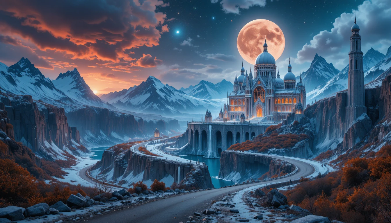 Autumn valley at night with dragon shaped starry sky