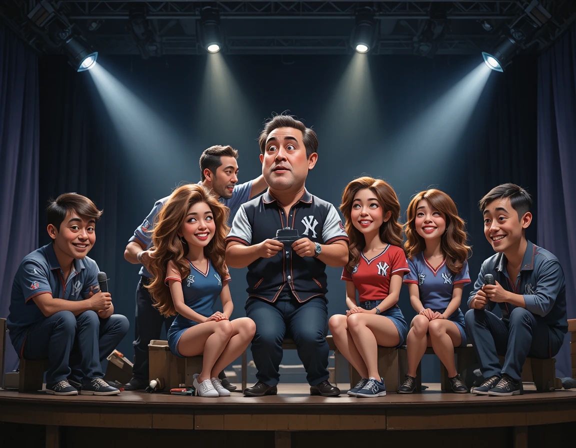 Gruppo di sei persone su un palco buio in uno studio televisivo
