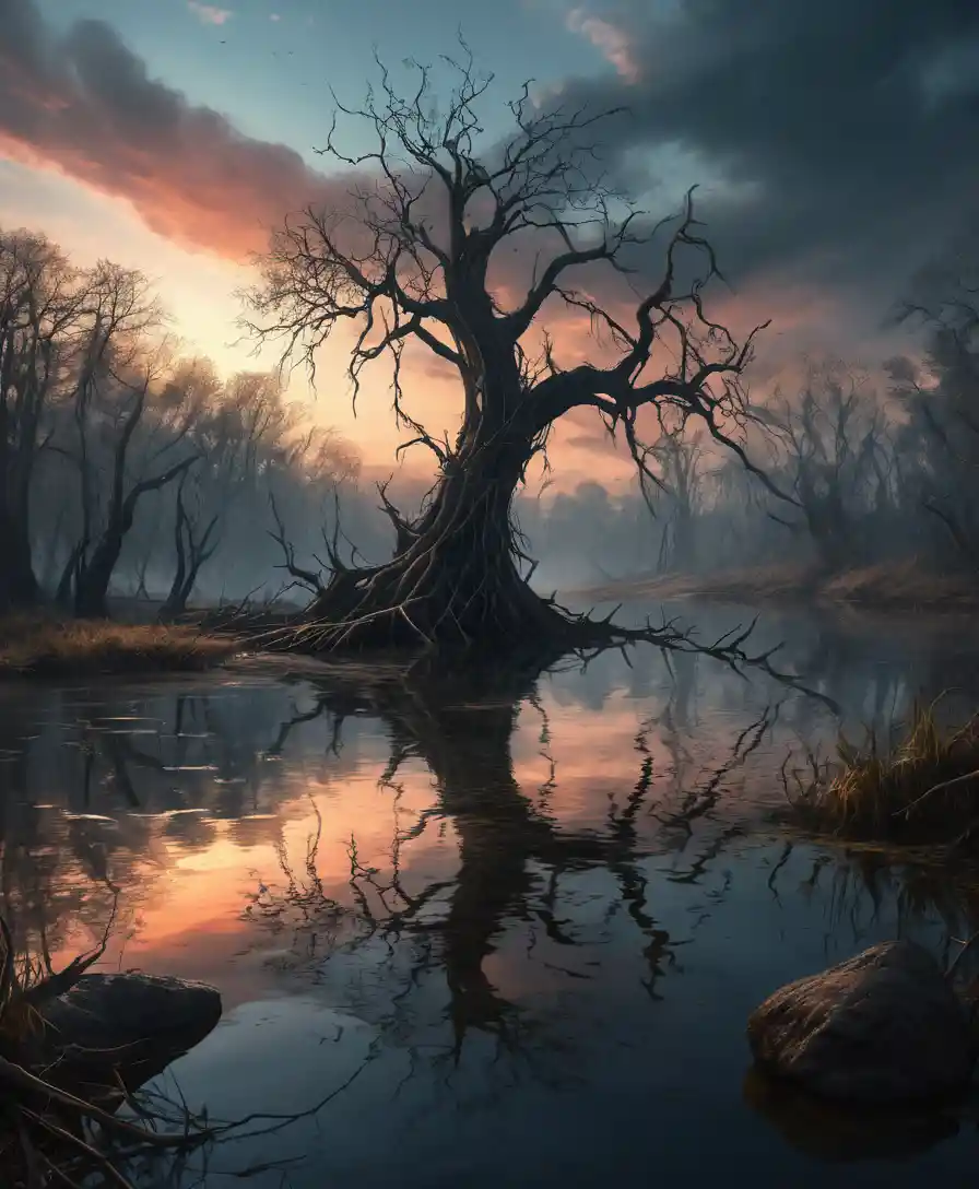 Twisted tree by a dark pond at eerie sunset