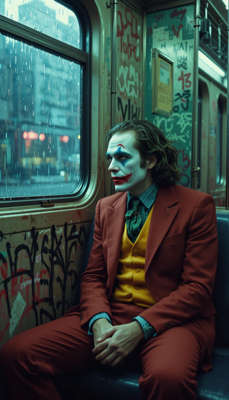 Homme triste au maquillage de clown dans le métro solitaire de Gotham