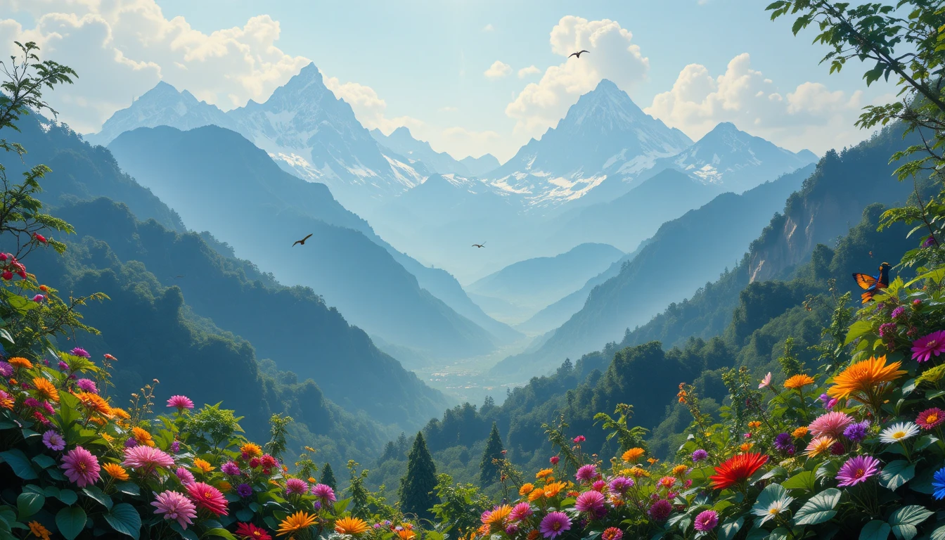 Pássaros coloridos em uma exuberante paisagem montanhosa