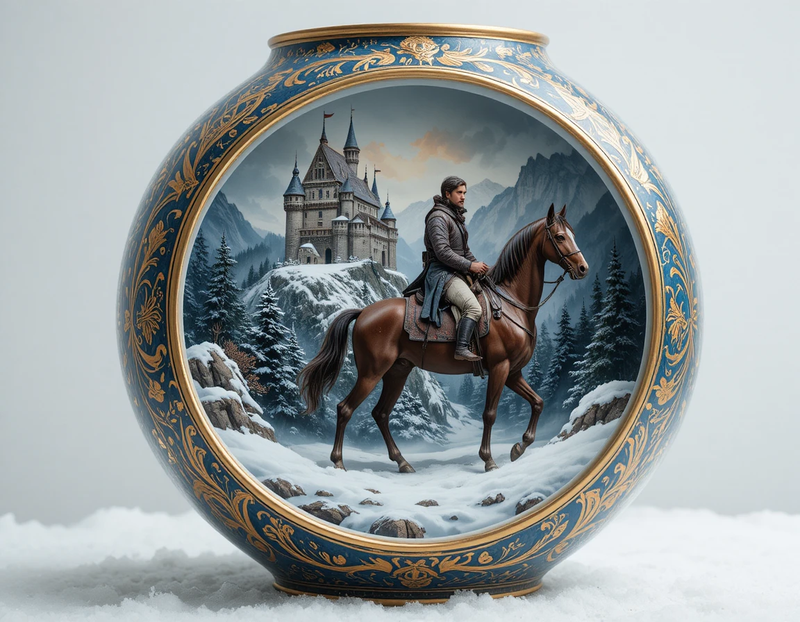 Cavaliere in paesaggio invernale con castello dentro un vaso di porcellana decorato