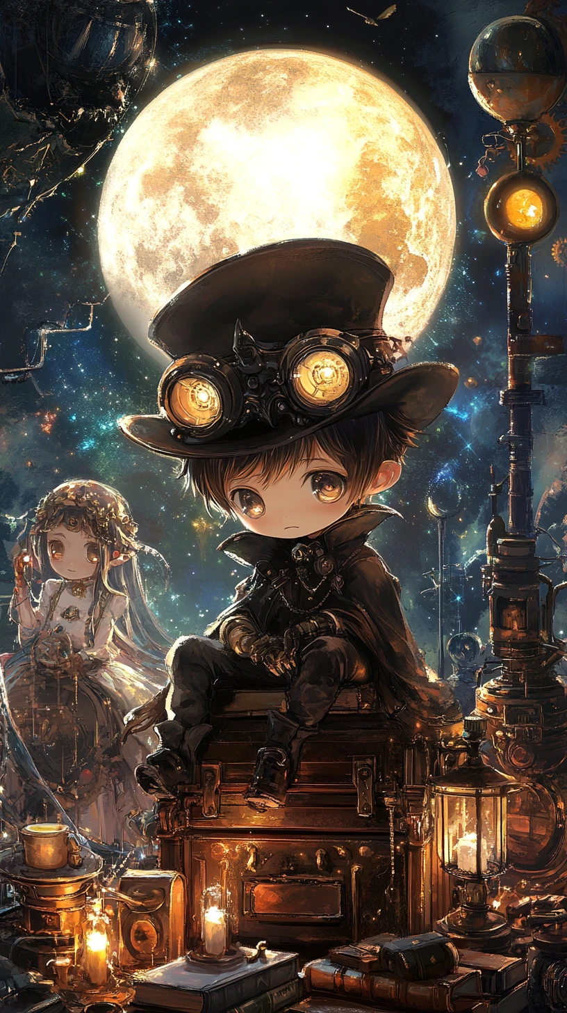 Chibi-Junge mit Steampunk-Hut unter einem leuchtenden Fantasiemond