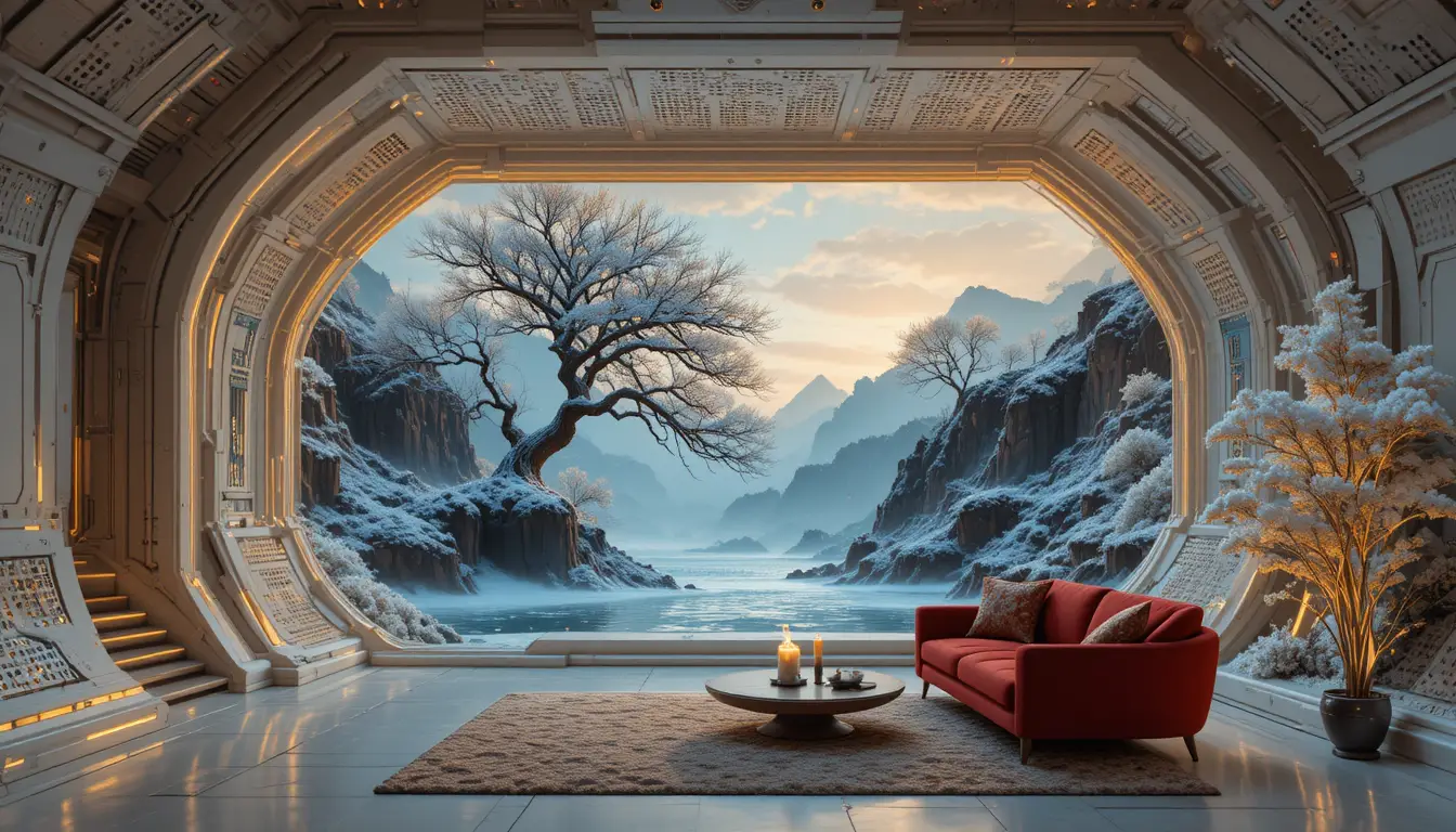 Couloir futuriste octogonal avec tuyaux lumineux et lounge