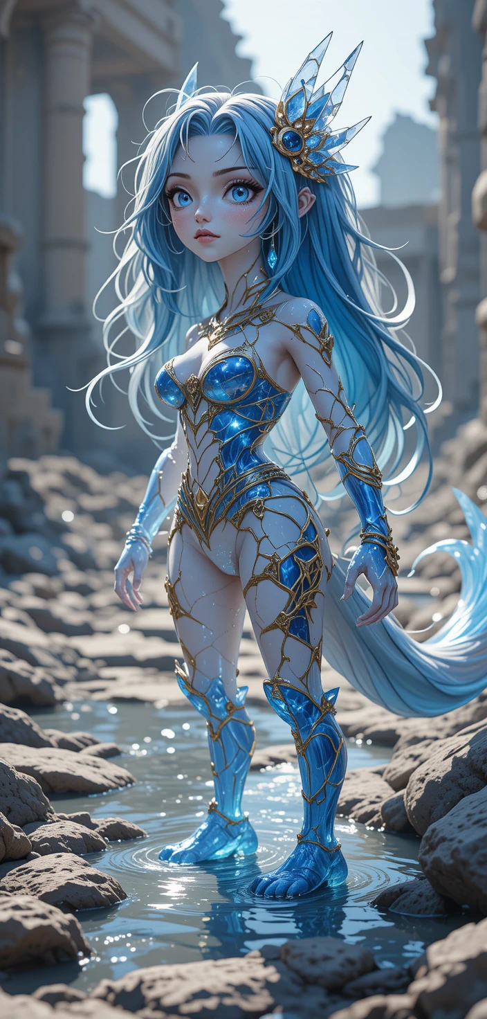 Anime warrior woman with long cyan hair and guild mark