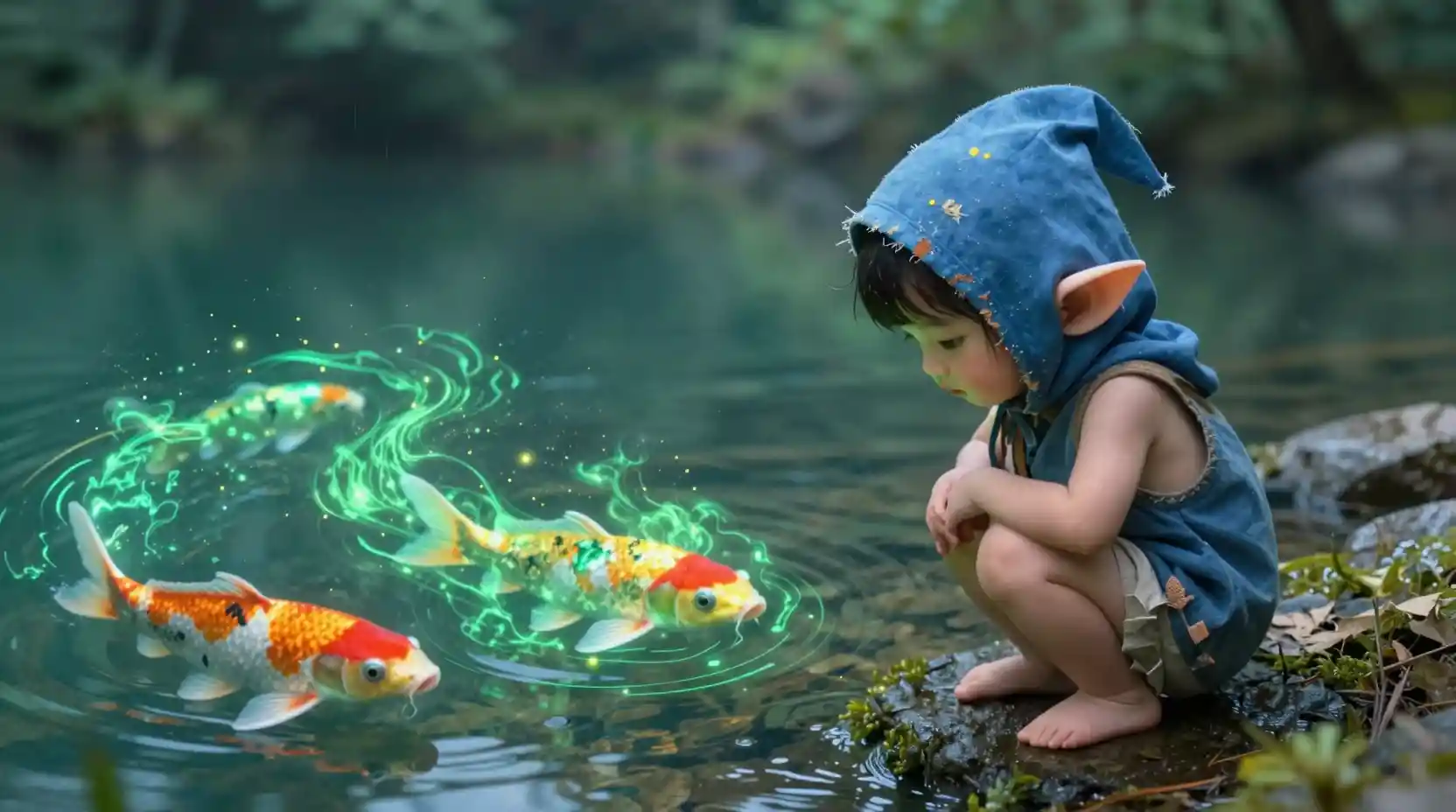 Tiny elf by a crystal lake in a glowing forest