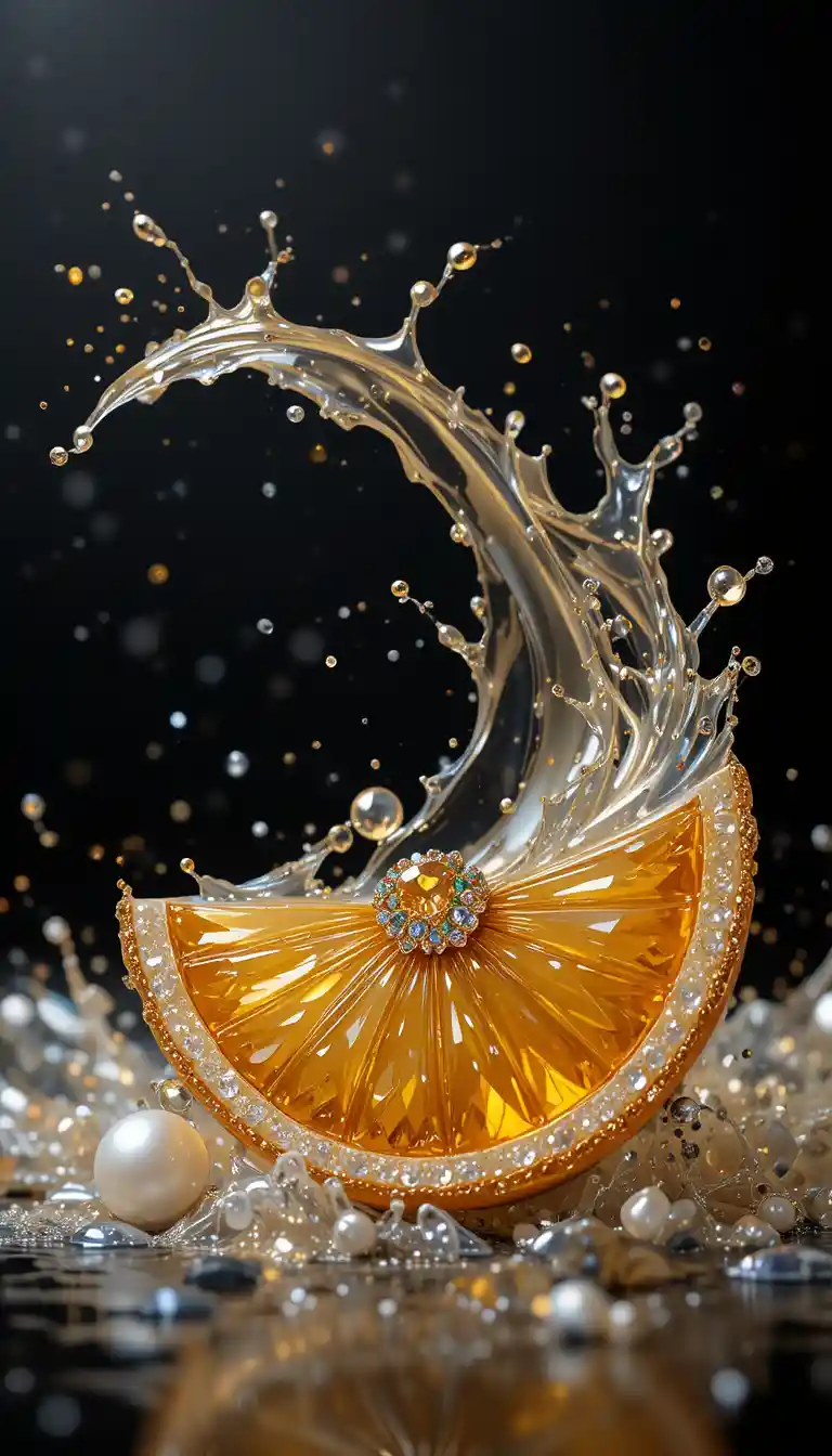 Éclaboussure de champagne entourée d’une broche tranche d’orange incrustée de bijoux
