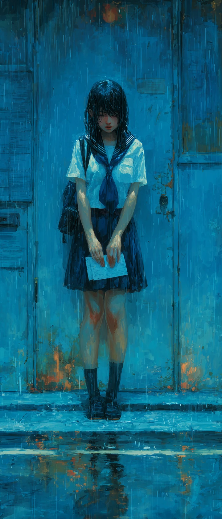 Scolara anime triste che piange da sola sotto la pioggia