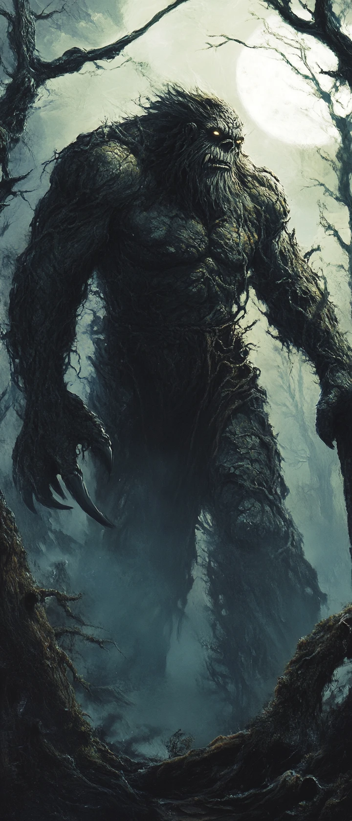 Troll Gigante com Clava em uma Floresta Nebulosa ao Luar