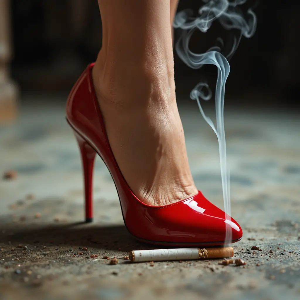 Roter High Heel über einer qualmenden weggeworfenen Zigarette