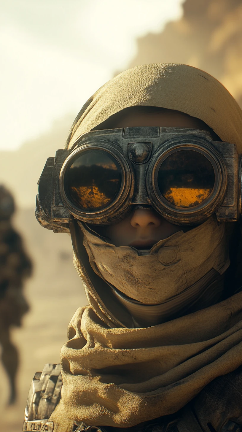 Guerreiro com braço cibernético em cidade sci-fi no deserto