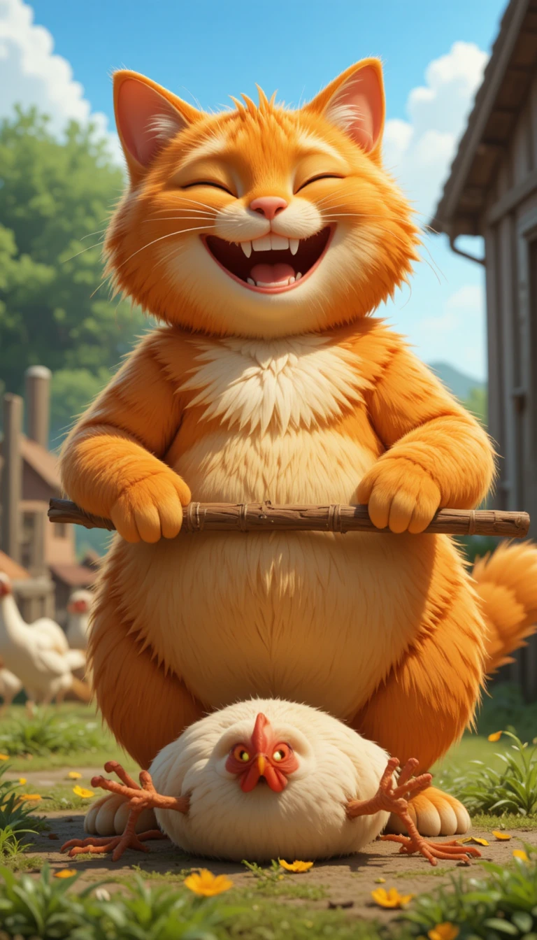 Gato 3D laranja gordinho batendo em uma galinha em uma fazenda ensolarada