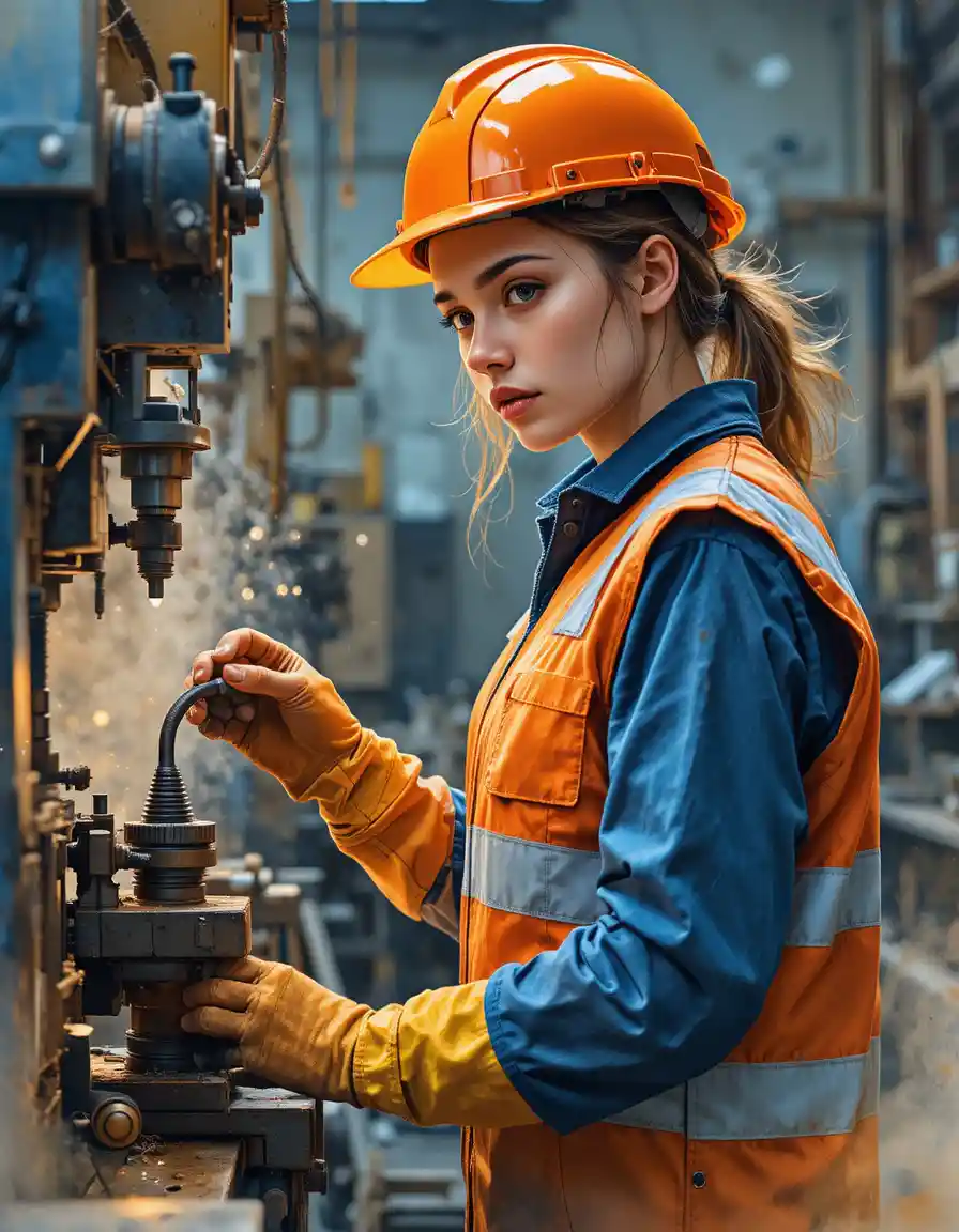 Young female worker operating machine in industrial workshop