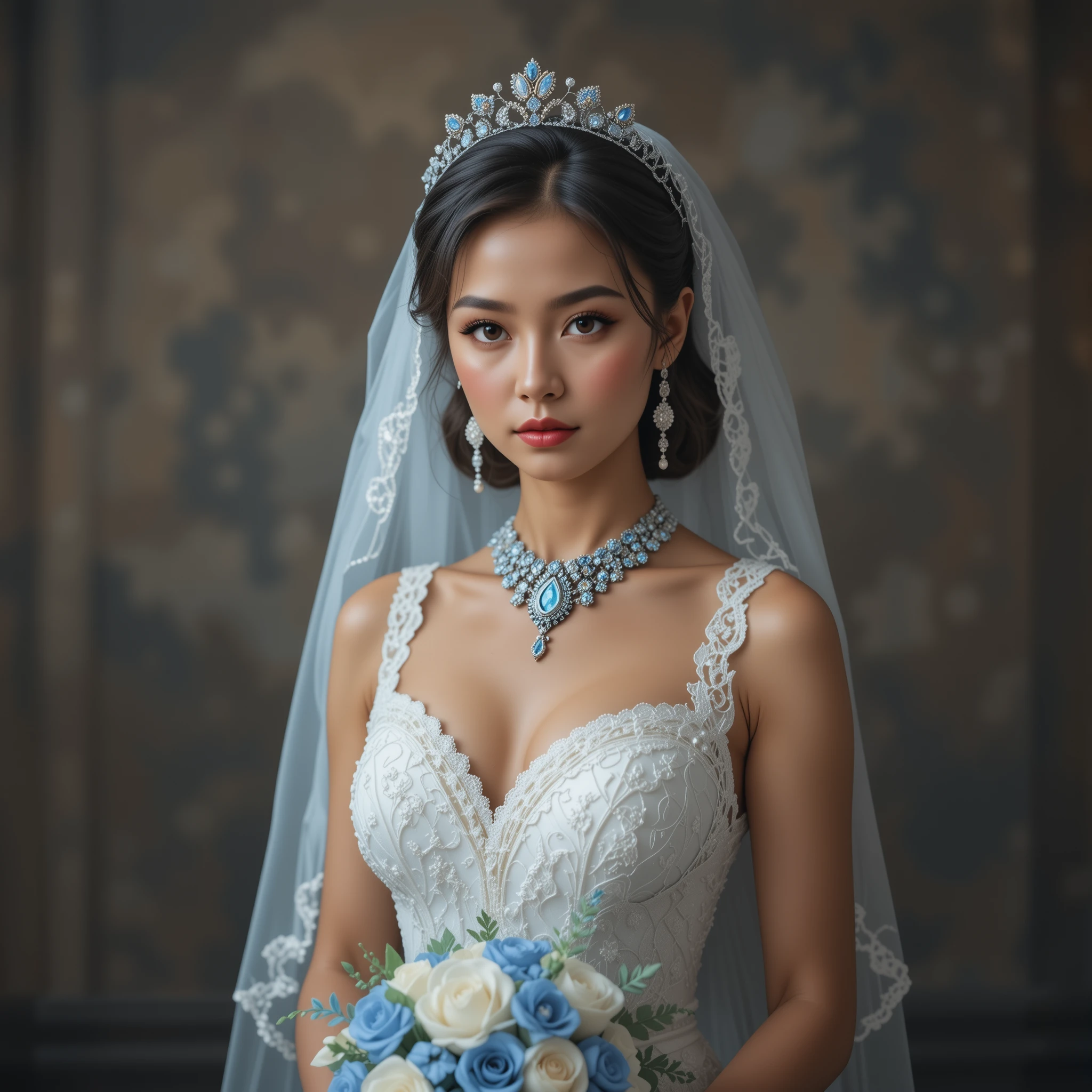 Sposa elegante in abito bianco con dettagli di farfalle blu